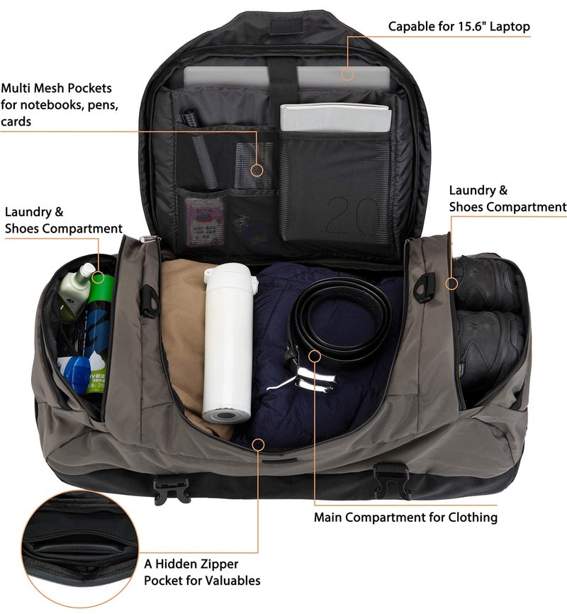 ubon حقيبة دفل كبيرة للرياضة والسفر من أوبون، حقيبة نهاية الأسبوع القابلة للتعبئة للرجال والنساء (رمادي، 65 لتر) - Image 3